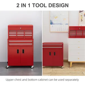 HOMCOM Top Chest and Roller Cabinet Combo Metal Tool Cabinet on Wheels Red