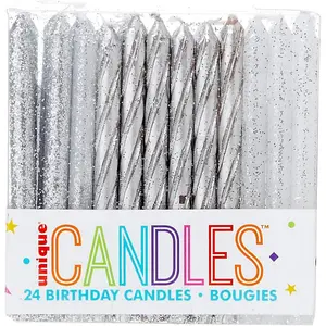 Unique Party Glitter Birthday Candles (Pack of 24) Silver (One Size)