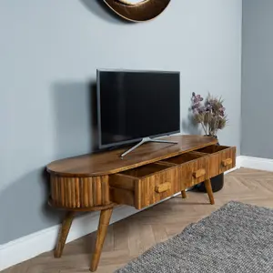 Elm Home And Garden Solid Mango Wood Large TV Media Wide Screen Unit  3 Drawers 50cm high, 130cm wide, 39cm deep