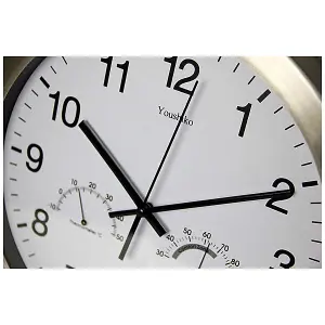 Large Bold Quartz Metal Wall Clock with Temperature & Humidity, 12'' Non Ticking Silent Sweeping Seconds