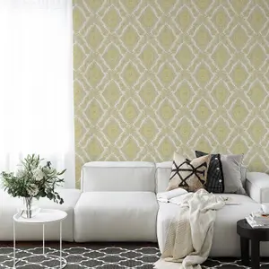 Wallquest Villa Rosa Damask Yellow Wallpaper Floral Classic Acrylic Coated