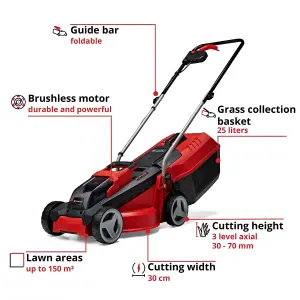 Einhell 30cm Cordless Lawnmower 18V Rotary With Battery And Charger Power X-Change 25L Grass Box BRUSHLESS - GE-CM 18/30 Li Kit