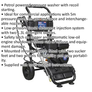 Petrol Powered Pressure Washer - 6.5hp Engine - 220bar - 5m Pressure Hose