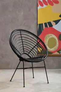 Interiors by Premier Natural Rattan Black Round Chair with Black Metal Legs, Rattan Dining Chair, Robust Rattan Lounge Chair