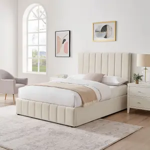 Leo Cream Velvet Fabric King Size 5FT Ottoman Storage Bed Frame