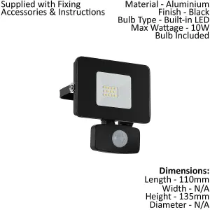 IP44 Outdoor Flood Light & PIR Sensor Black Aluminium 10W Built in LED