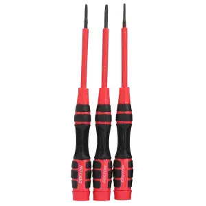 Dekton 3pc Long Precision Screwdriver set, Includes: Flat: 2-2.5-3mm, Phillips: PH0, PH1.Roatating tips