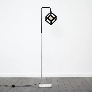 ValueLights Black/Chrome Metal & White Marble Base Floor Lamp With Black Puzzle Cube Shade - With 4w LED Bulb In Warm White