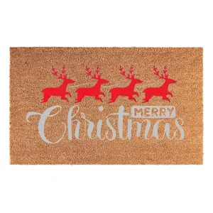 Natural Coir 60cm x 40cm heavy duty doormats with rubber base with humorous message (santa + reindeer)