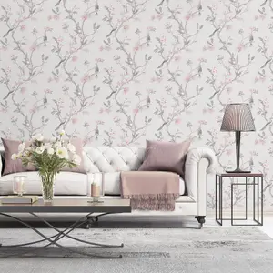 Galerie Secret Garden Grey/Pink Garden Bird Trail Wallpaper Roll