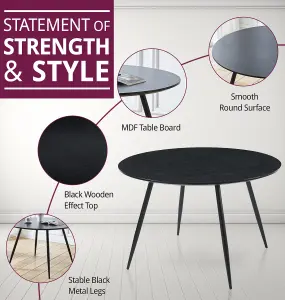 Hallowood Furniture Cullompton Large Round Black Dining Table 120cm with 4 Grey Leather Effect Chairs