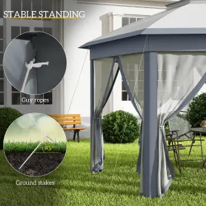 Outsunny 4x4m Hexagon Gazebo w/ Metal Frame Mesh Curtains Outdoor Garden, Grey