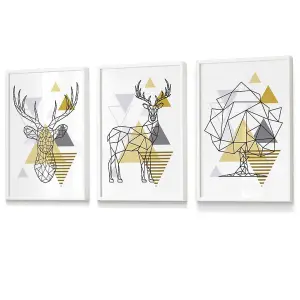 Set of 3 Geometric Line Art Yellow Stags Tree Set Wall Art Prints / 30x42cm (A3) / White Frame