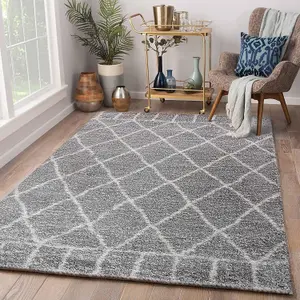 Modern Grey Geometric Marrakesh Shaggy Area Rug - 60x220 cm