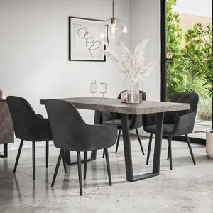 Aria Dining Table And Chairs -  Concrete Effect Table Top w Black Legs + Anika Velvet Dining Chair Set Of 4 (Black)