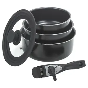 URBN-CHEF 3pcs Black Ceramic Induction Saucepan Set with Lid Stackable Detachable Handle