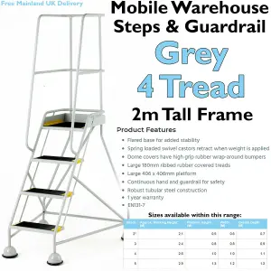 4 Tread Mobile Warehouse Steps & Guardrail GREY 2m Portable Safety Stairs