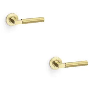 2 PACK - SOLID BRASS Smooth Door Handle Set - Satin Brass Angled Lever on Round Rose