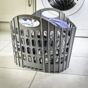 Grey Folding Laundry Basket - Space Saving Foldable Pop-Up Washing Clothes Bin with Carry Handles & Hinged Base - 38L Capacity