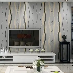 Wavy Strip Wallpaper Roll Non Woven Patterned Wall Covering  L 10m x W 0.53m 5.3m²