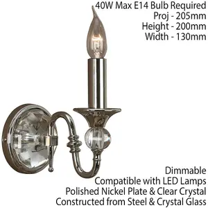 Diana Luxury Single Curved Traditional Wall Light Bright Nickel Crystal Candle