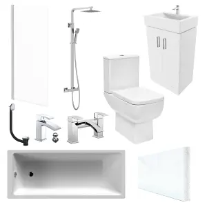 Modern Bathroom Suite 1700 x 700 Bath, Waterproof Front Panel, Close Coupled WC, 2 Door Vanity Unit, Shower & Tap Set