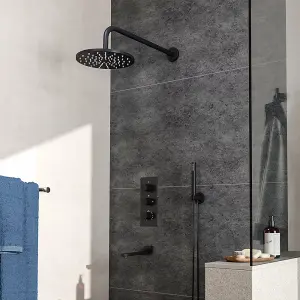 Black Round Wall-mount 3 Way Handheld Head and Rainfall Shower Head Concealed Thermostatic Mixer Shower Set