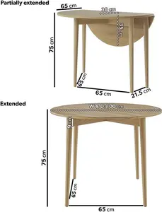 Small Round Oak Folding Drop Leaf Extendable Dining Table - Seats 2 - 4 - Rudy