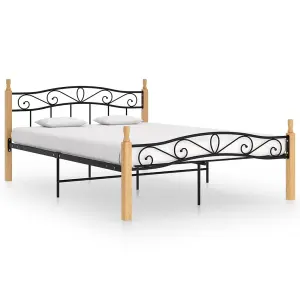 Berkfield Bed Frame Black Metal and Solid Oak Wood 140x200 cm