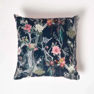 Homescapes Floral Peacock Black & Teal Filled Velvet Cushion 46 x 46 cm