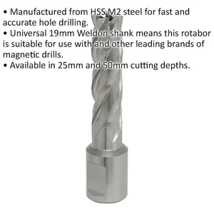 15mm x 50mm Depth Rotabor Cutter - M2 Steel Annular Metal Core Drill 19mm Shank