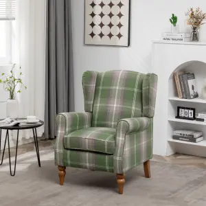 Wingback Tartan Armchair Soft Padded Retro Check Leisure Chair Fabric Lounge for Living Room Bedroom - Green