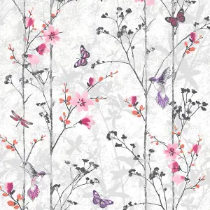 Muriva Pink Floral Pearl effect Embossed Wallpaper