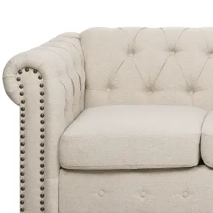 3 Seater Fabric Sofa Nailhead Trim Beige CHESTERFIELD