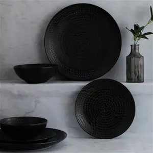 Dunelm Carbon 12 Piece Dinner Set, Industrial, Black, Stoneware