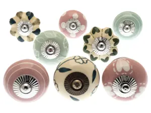 MangoTreeKnobs - Mixed Set of Pink, Eau de nil and Cream Ceramic Cupboard Knobs x Pack 8 (MG-193)