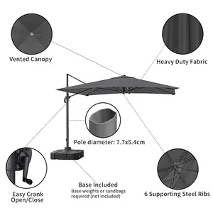 3M Large Square Canopy Rotatable Tilting Garden Rome Umbrella Cantilever Parasol with 100 L Fillable Base, Dark Grey