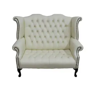 Chesterfield 2 Seater High Back Sofa Shelly Cream Leather Bespoke In Queen Anne Style