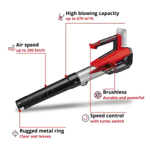 Einhell Cordless Leaf Blower 18V Brushless 670m3/h 200kmh Turbo Power X-Change GE-LB 18/200 Li E Solo - Body Only