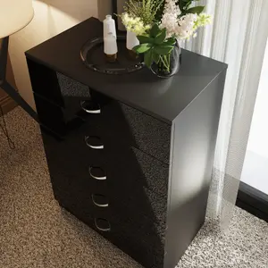 Black Gloss 5 Drawer Chest Of Drawers Bedroom Furniture