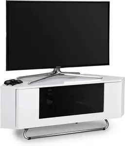 Homeology Hampshire Corner-Friendly Gloss White with Black Glass Beam-Thru Remote Friendly Door up to 50" Flat Screen TV Cabinet