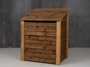 Wooden log store (roof sloping back) with kindling shelf W-99cm, H-126cm, D-88cm - brown finish