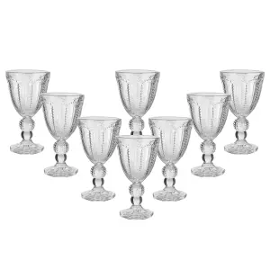 Set of 8 Vintage Luxury Clear Embossed Drinking Wine Goblet Glasses