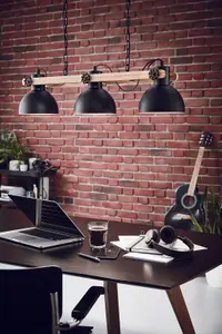 Hanging Ceiling Pendant Light Black & Wood Industrial Shade 3 Bulb Dining Lamp