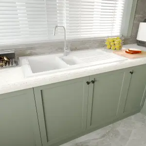 Fireclay Kitchen Drop In Sink - 1.5 Bowls & Grooved Draining Area (Wastes Sold Separately) - White - 1010mm x 525mm - Balterley