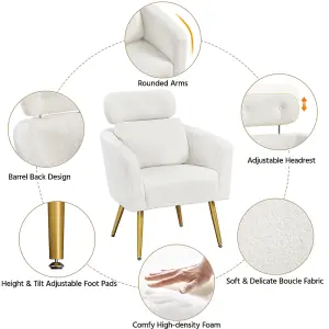 Yaheetech White Boucle Barrel Accent Chair with Adjustable Headrest