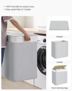 SONGMICS Laundry Hamper Basket with 3 Sections, Clip-on Lid and Handles, Foldable, for Laundry Room, Bedroom, Bathroom, Grey