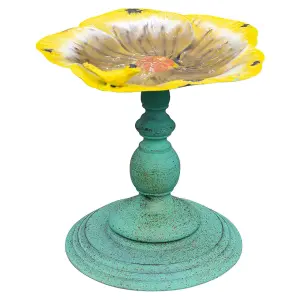 Flower Design Mini Bird Bath or Seed Feeder - Weather Resistant Metal Outdoor Garden Pedestal Water Bowl - H26.5 x 24.5cm Dia