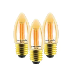 paul russells LED Filament Dimmable Candle Bulb,ES E27, 4.5W 423 Lumens, 40w Equivalent, 2200K Extra Warm White Amber, Pack of 3