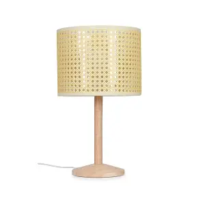 ValueLights Triston Single Stem Natural Light Wood Table Lamp with Cream Woven Rattan Wicker Shade